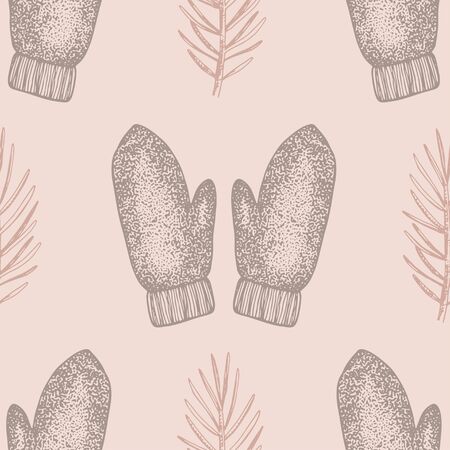 Hand drawn mittens seamless pattern. Winter vintage vector backgroundのイラスト素材