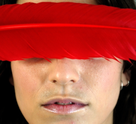 Portrait of a beautiful woman with red feather on white backgroundの写真素材
