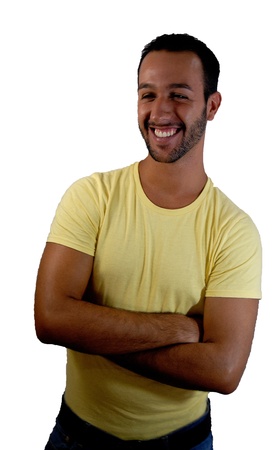 Handsome young man with a beard, smiling with yellow jerseyの写真素材
