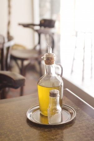 Olive oil and of salt for mediterranean breakfastの写真素材