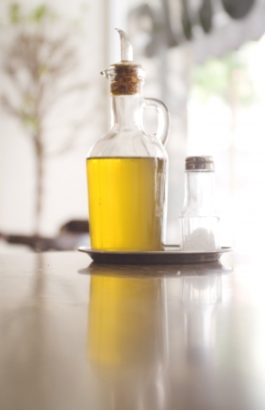 Olive oil and of salt for mediterranean breakfastの写真素材