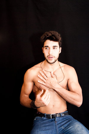 Portrait of  Handsome guy shirtless with beard の写真素材