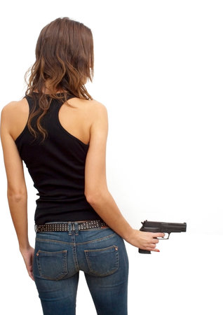 Beautiful  Girl With Gun over white 