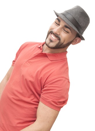 handsome guy with beard and hat on white backgroundの写真素材