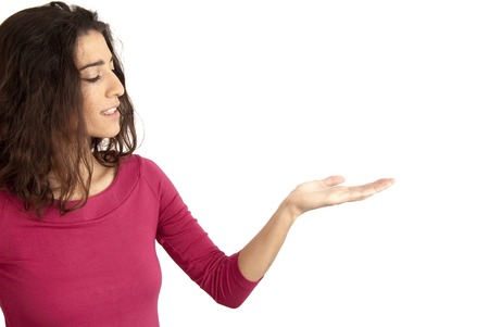 Portrait of Beautiful Young Woman  With His Open Hand Over White Backgroundの写真素材