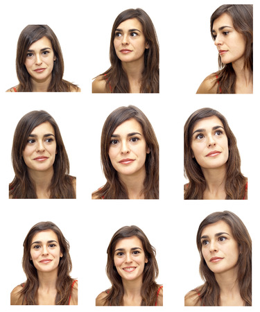 Mosaic of Beautiful Young Woman expressing different emotions  Over White Backgroundの写真素材