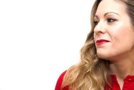 Portrait of Beautiful Young Woman Over White Backgroundの写真素材