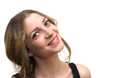 Portrait of Beautiful Young Woman Over White Backgroundの写真素材