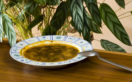 Hot Soup bowl with spoonの写真素材