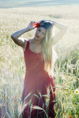 Beautiful blond woman in a wheat field at sunset  backlitの写真素材