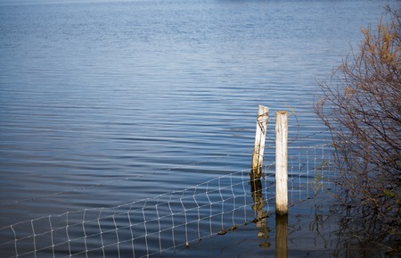 Poles into the water with barbed wireの写真素材