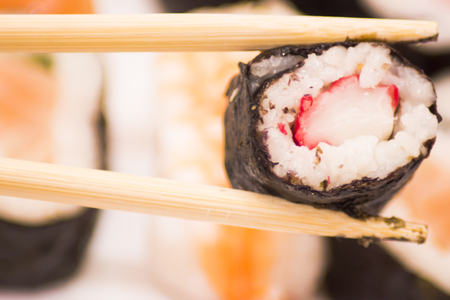 Tasty Pieces of sushi on white backgroundの写真素材