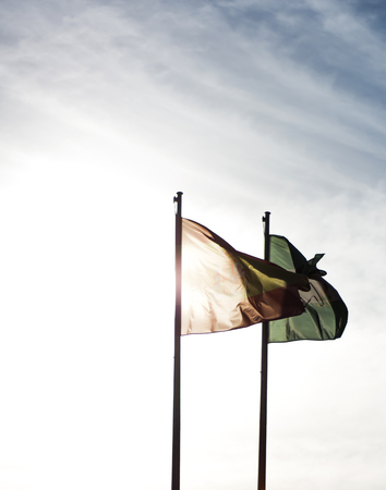 SEVILLE SPAIN - MAY 8: Flags of Spain and the Autonomous Region of Andalusia on May 8 2017 in Seville, Andalusia, Spain.のeditorial素材