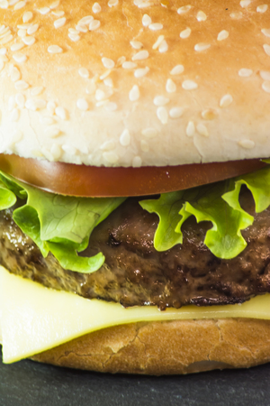 Delicious hamburger with cheese, lettuce and tomato on a stoneの写真素材