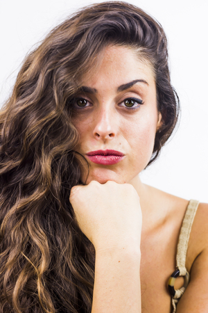Beautiful woman on white backgroundの写真素材