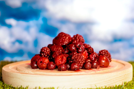 Forest fruits in a wooden dish on grass