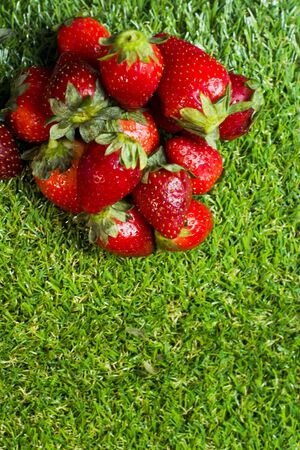 Red strawberries in a wooden plate on green grass with blue sky backgroundの写真素材