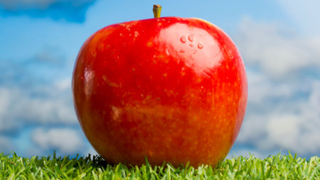 Apple on green grass and with blue sky background