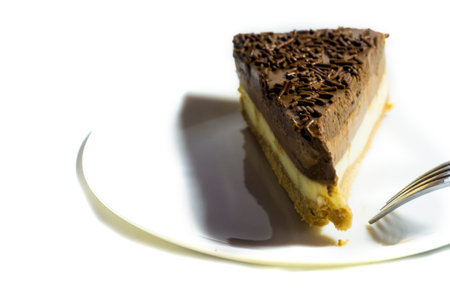 Portion of delicious chocolate cake on white background