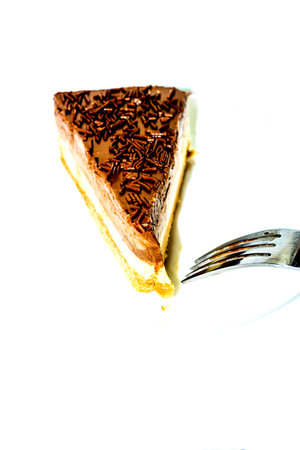 Portion of delicious chocolate cake on white background
