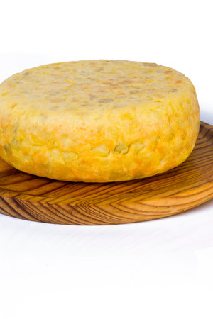 Spanish omelette on a wooden tray on white backgroundの写真素材