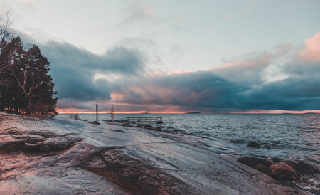 At summer this is a popular swimming beach, now windy and coldの写真素材