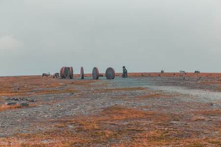 Northern Norway Nordkapp, Peace on Earth sculptures with reindeersの写真素材