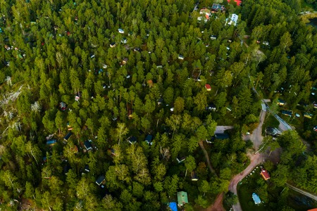 Aerial view of Lauttasaari and the small cottages in the forest, Helsinki Finlandの写真素材