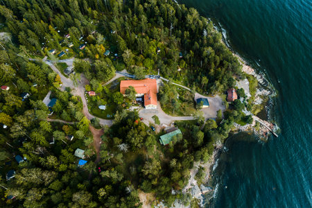 Aerial view of Lauttasaari and the small cottages in the forest, Helsinki Finland