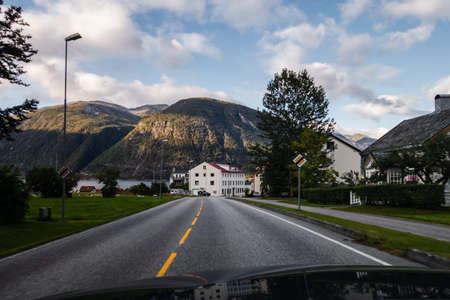 Eidsdal Norway Entering the small town of Eidsdal at eveningの写真素材