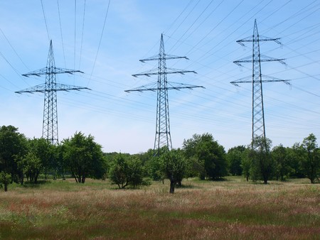 three power pole standing in nature near Fankfurtの写真素材