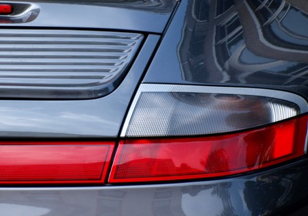 detail view on the left car wing with red tail lamp, Porsche car,の写真素材