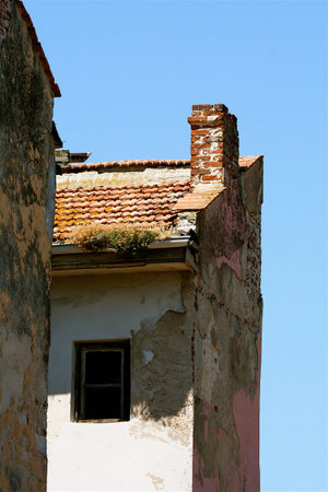 demolished house on the blue sky backstage