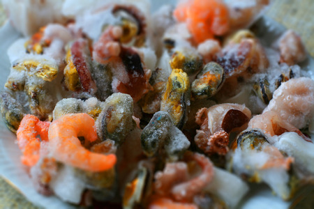 Frozen sea food ingredients with shrimps, clams and octopusesの写真素材
