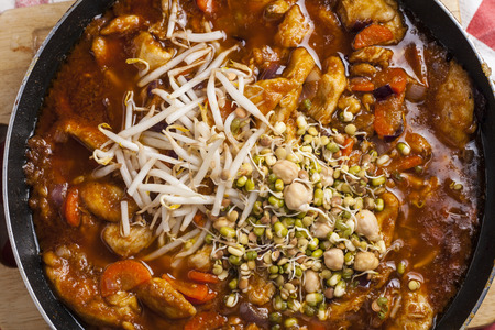Szechuan chicken cooked on frying pan with addition of sproutsの写真素材