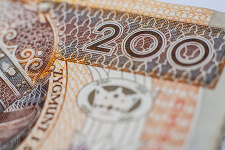 Macro closeup on number 200 on one hundred zloty polish banknote