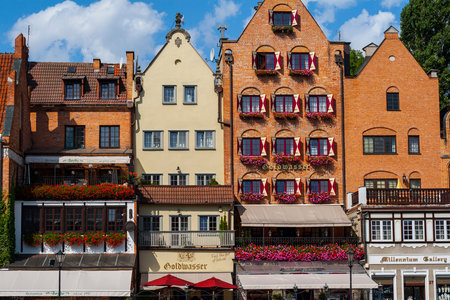 Old historic tenement houses at Long Riverside in Gdansk, Poland