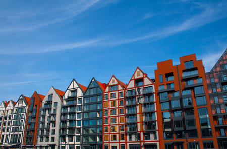 Renovated granaries on Granary Island on river Motlawa in Gdansk, Poland