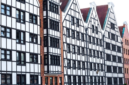 Renovated granaries on Granary Island on river Motlawa in Gdansk, Poland