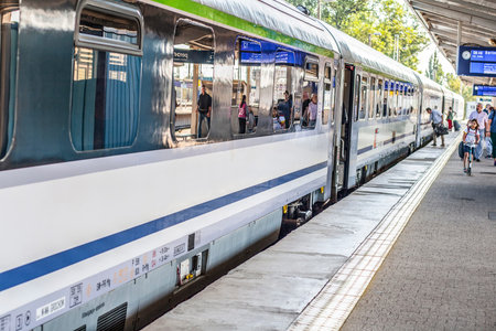 Passenger train to Berlin awaiting at railway station platform in East Warsaw Station