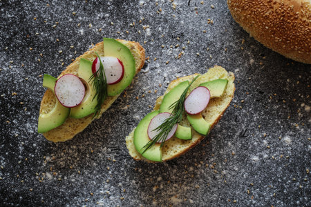 Vegan sandwiches made of corn bread roll with avocado, radish and dill on black background sprinkled...