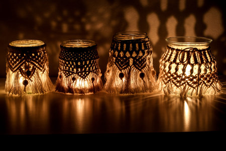 Macrame hand woven with cord four lanterns glow making abstract shadow patterns on the wall
