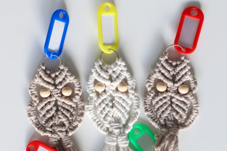 Three unique macrame hand woven owl key rings