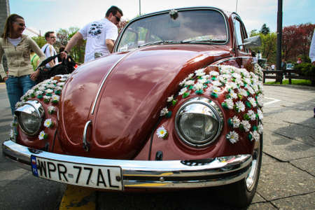 Warsaw, Poland - May 1, 2008: Front view of Volkswagen Type 1 Beetle decorate with plastic flowersのeditorial素材