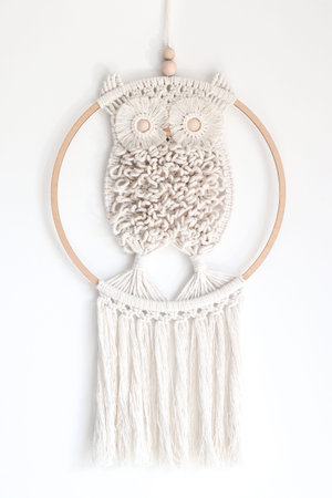 Hand woven white macrame owl in a ring hanging on the wall