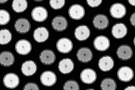 Pattern made of backlit citrus fruits slices on black backgroundの写真素材
