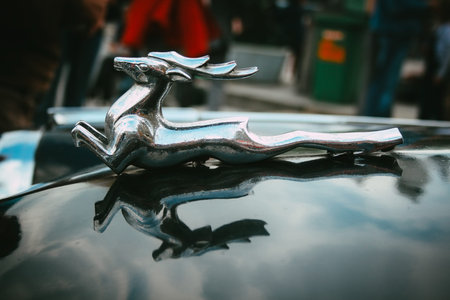 Close-up on deer Wolga car hood emblem ornament