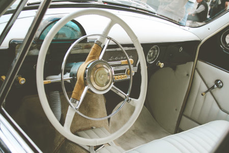 Close-up on steering wheel of Wolga old russian carのeditorial素材