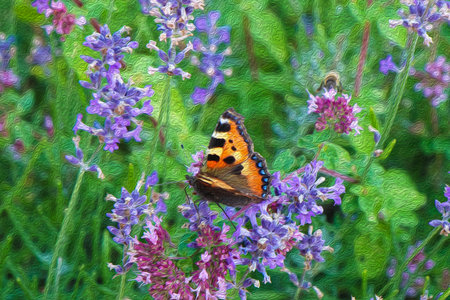 Small Tortoiseshell Aglais Urticae butterfly on blue flower on meadow, oil painting effect image