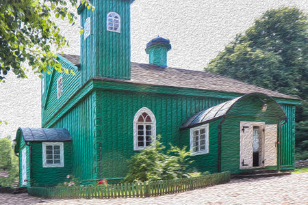 Green wooden historic Lipka Tatar mosque in Kruszyniany, Poland, oil painting effect imageの写真素材